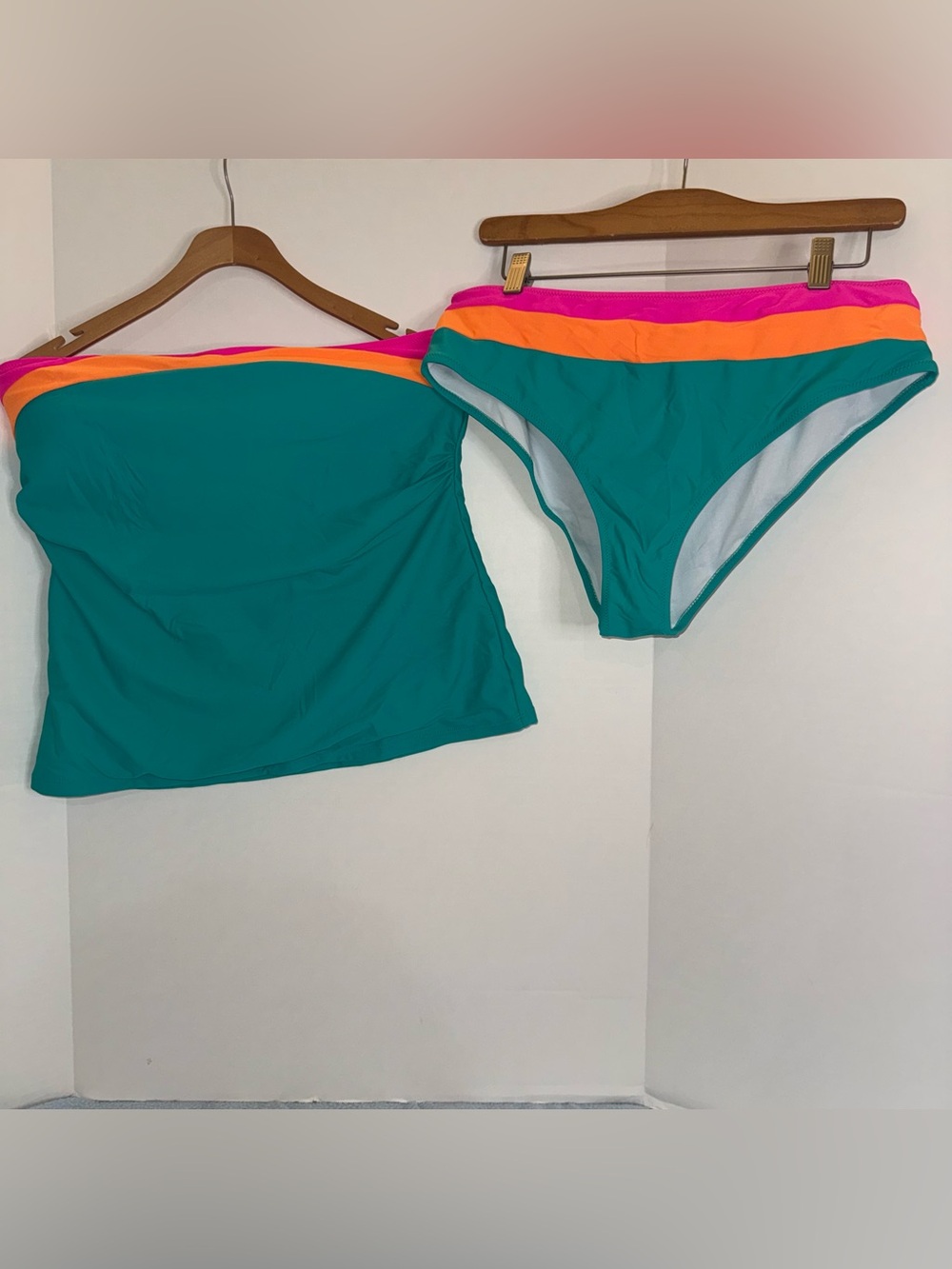 Teal Bandeau Bikini Set with Pink and Orange Trim